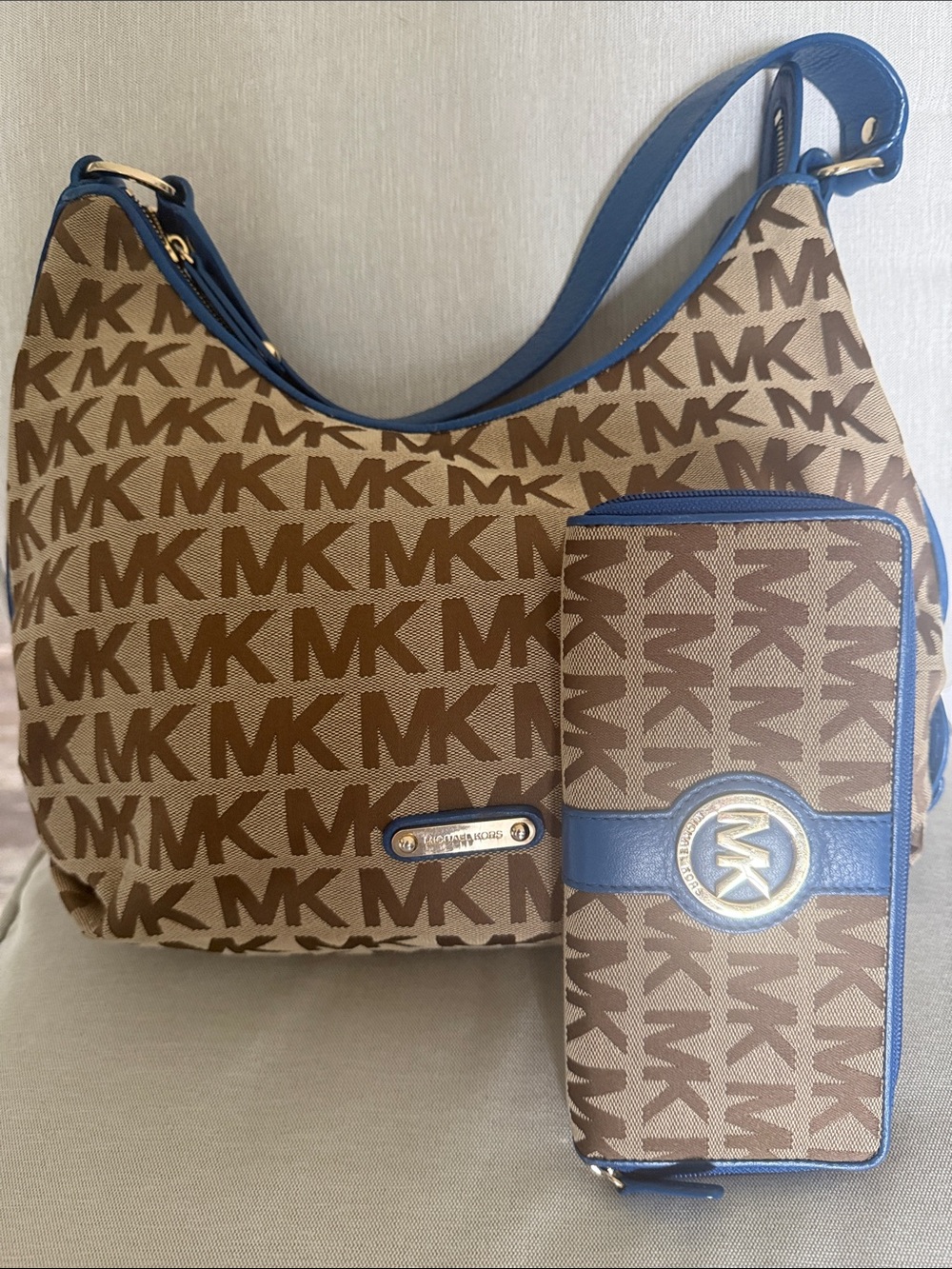 MK Signature Monogram Hobo Shoulder Bag + Zip Around Wallet Set Blue Leather